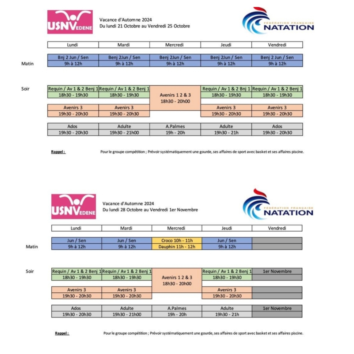 Planning des vacances de la Toussaint 